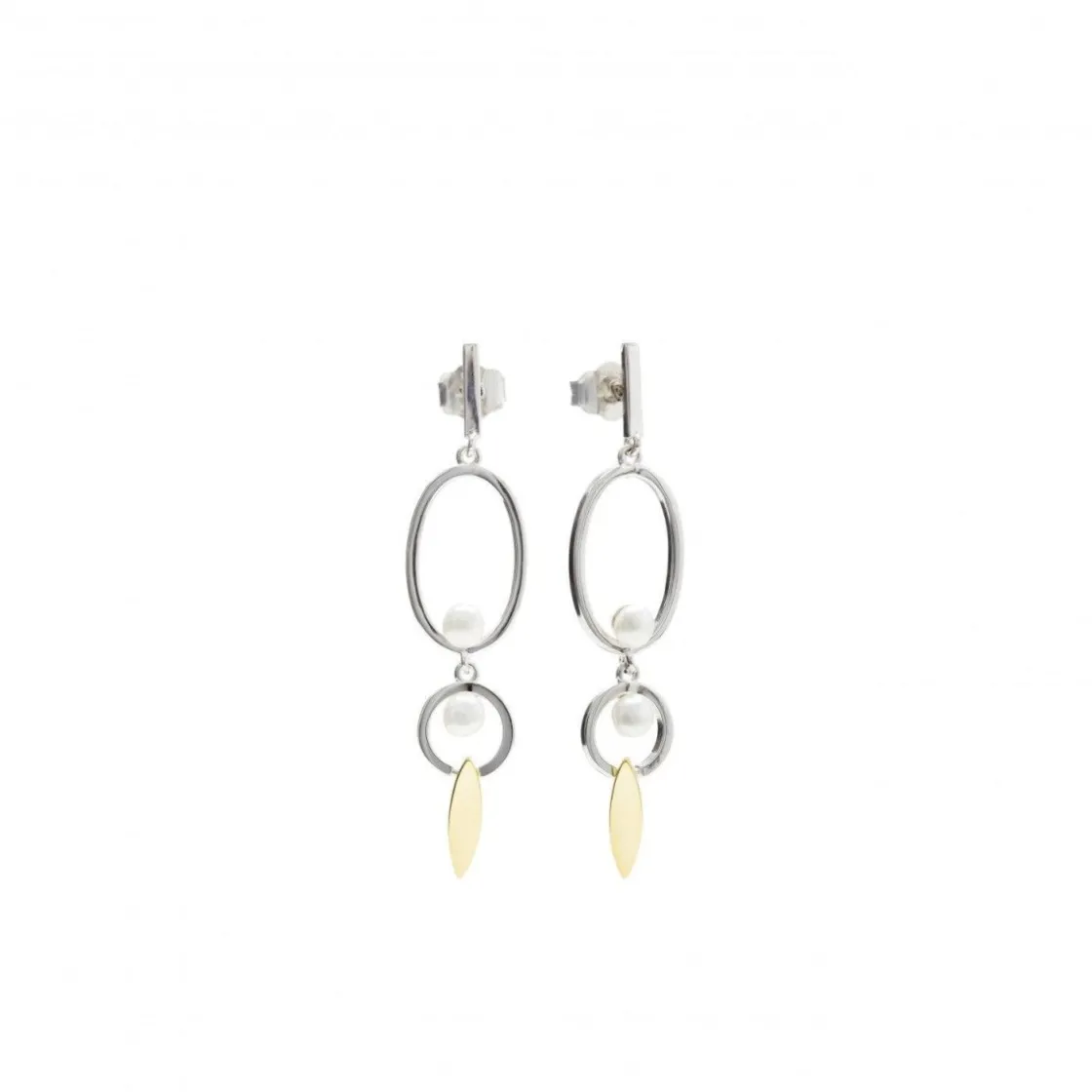 Pendientes Bicolor | Pendientes Largos | LINEARGENT Pendientes largos diseño bicolor círculos ovalados y detalle de perla