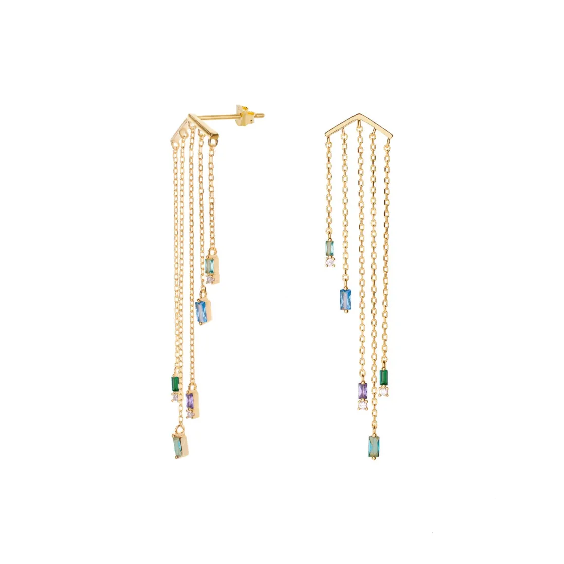 Pendientes Largos | LINEARGENT Pendientes largos diseño cinco cadenas con gemas tono azul