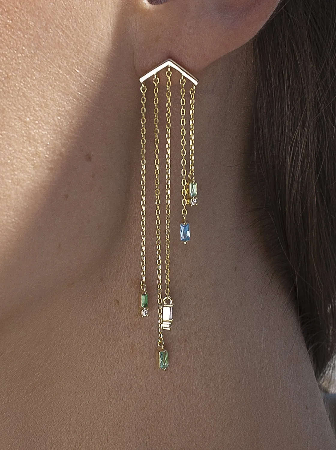Pendientes Largos | LINEARGENT Pendientes largos diseño cinco cadenas con gemas tono azul