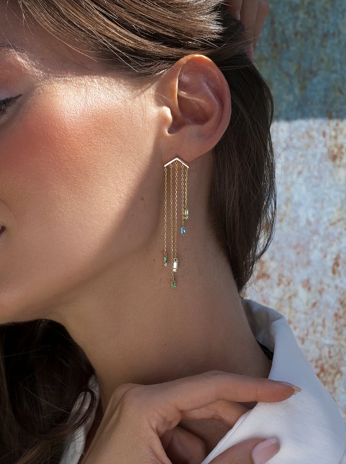 Pendientes Largos | LINEARGENT Pendientes largos diseño cinco cadenas con gemas tono azul