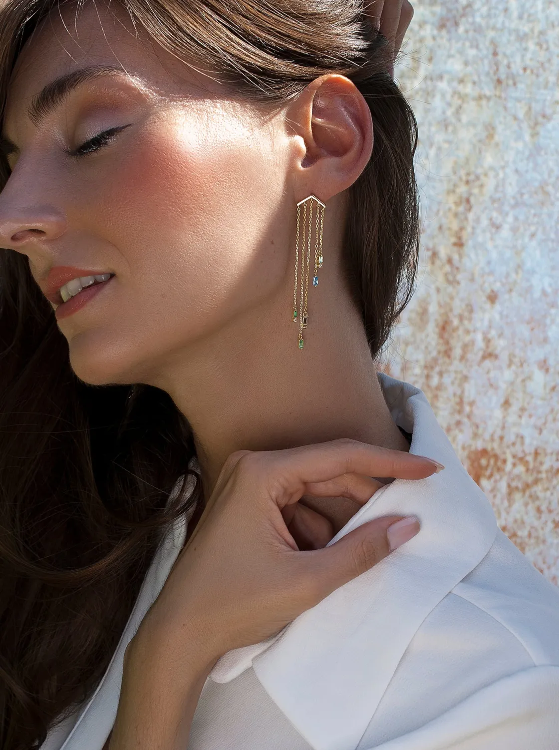 Pendientes Largos | LINEARGENT Pendientes largos diseño cinco cadenas con gemas tono azul