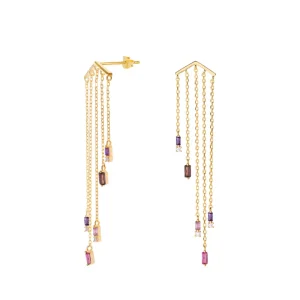 Pendientes Largos | LINEARGENT Pendientes largos diseño cinco cadenas con gemas tono morado