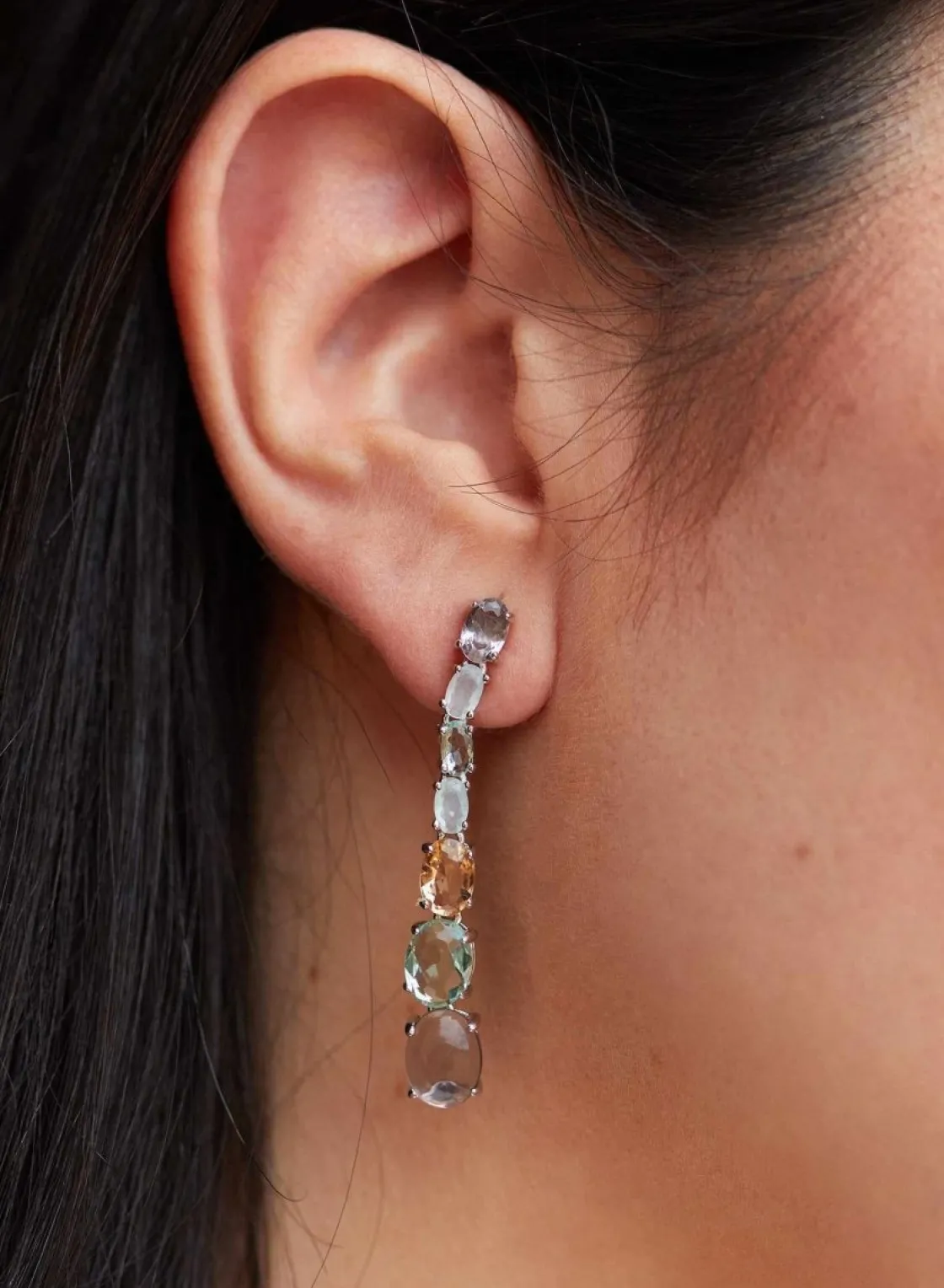 Pendientes Largos | Pendientes De Piedras De Colores | LINEARGENT Pendientes largos diseño de cuarzos adamantinos descendentes