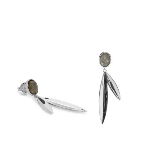 Pendientes Largos | LINEARGENT Pendientes largos diseño hojas con piedra labradorita