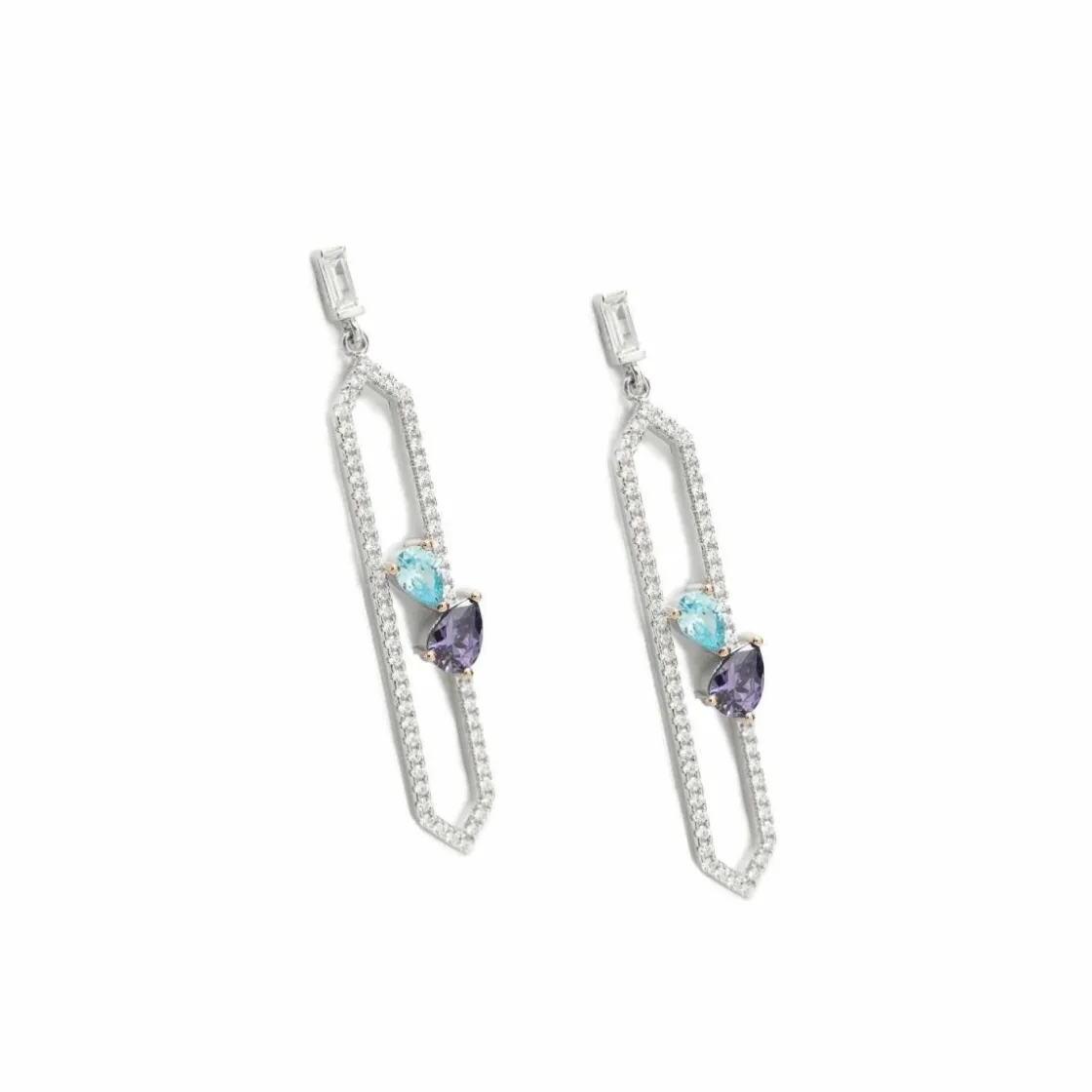 Pendientes Largos | LINEARGENT Pendientes largos finos de plata con doble gema y circonita