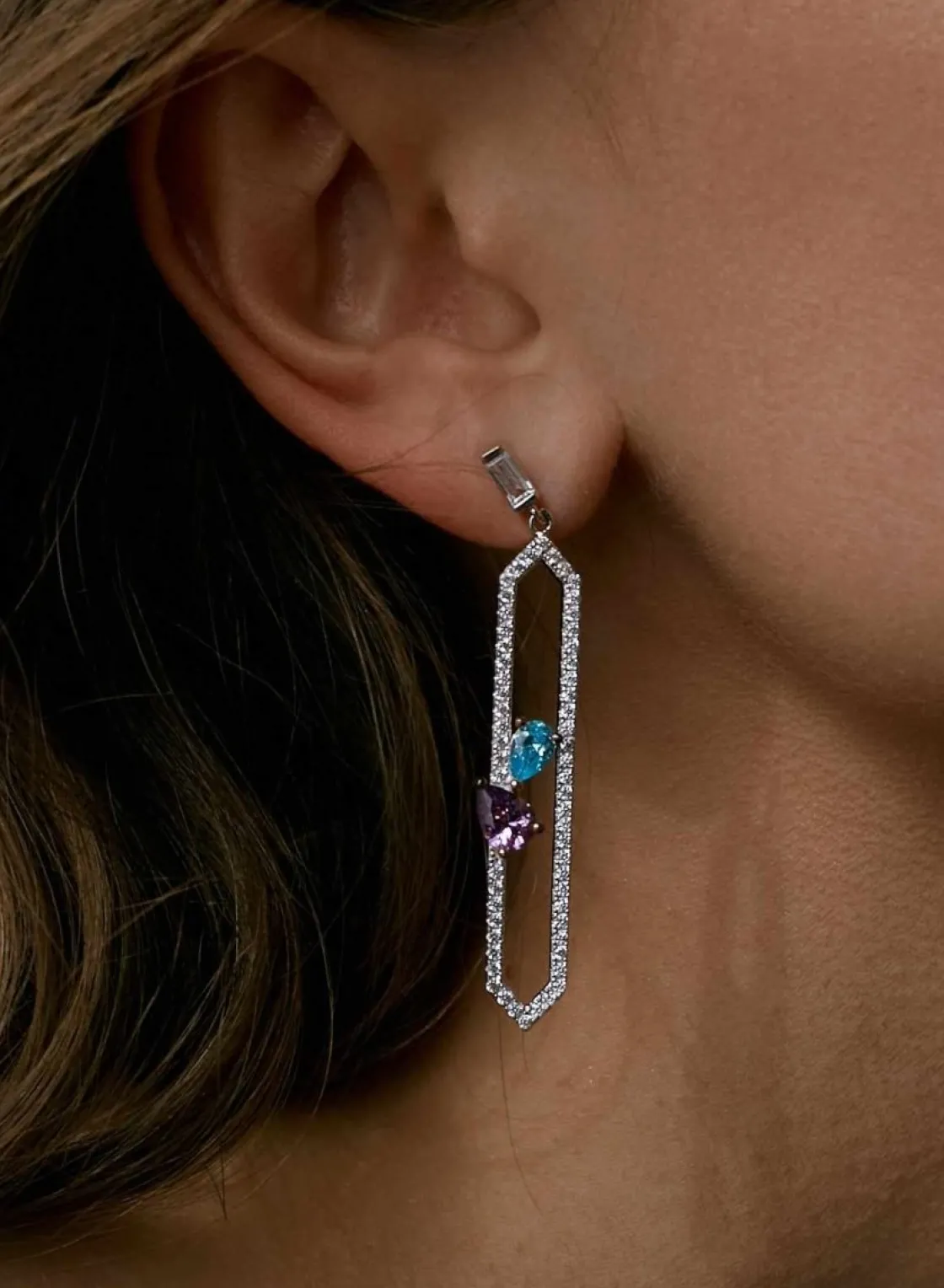Pendientes Largos | LINEARGENT Pendientes largos finos de plata con doble gema y circonita