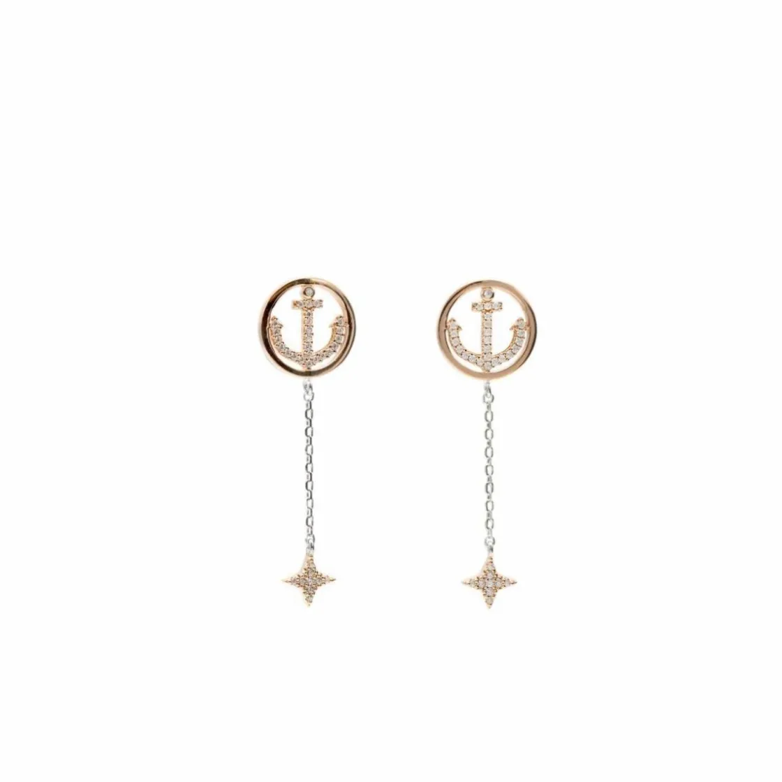 Pendientes Bicolor | Pendientes Largos | LINEARGENT Pendientes largos finos diseño de charms ancla y destello