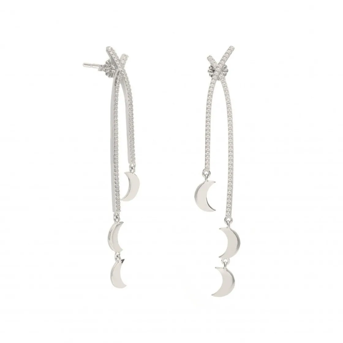 Pendientes Largos | LINEARGENT Pendientes largos finos doble raíl y charm de luna