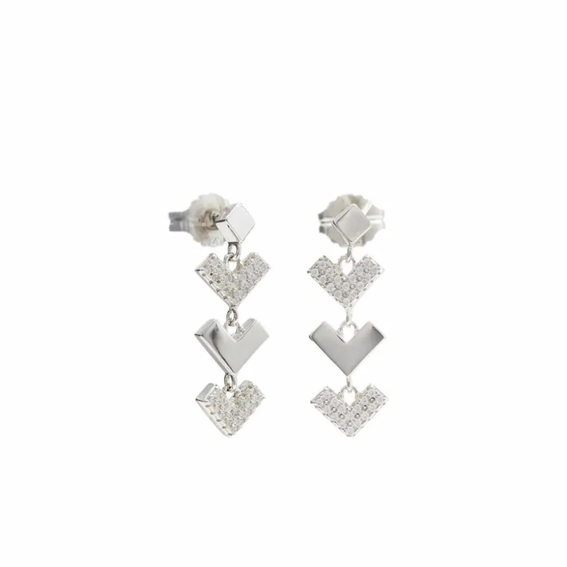 Pendientes Largos | LINEARGENT Pendientes largos plata brillantes con triple motivo corazón