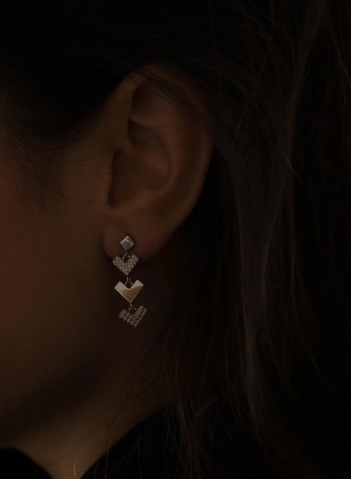 Pendientes Largos | LINEARGENT Pendientes largos plata brillantes con triple motivo corazón