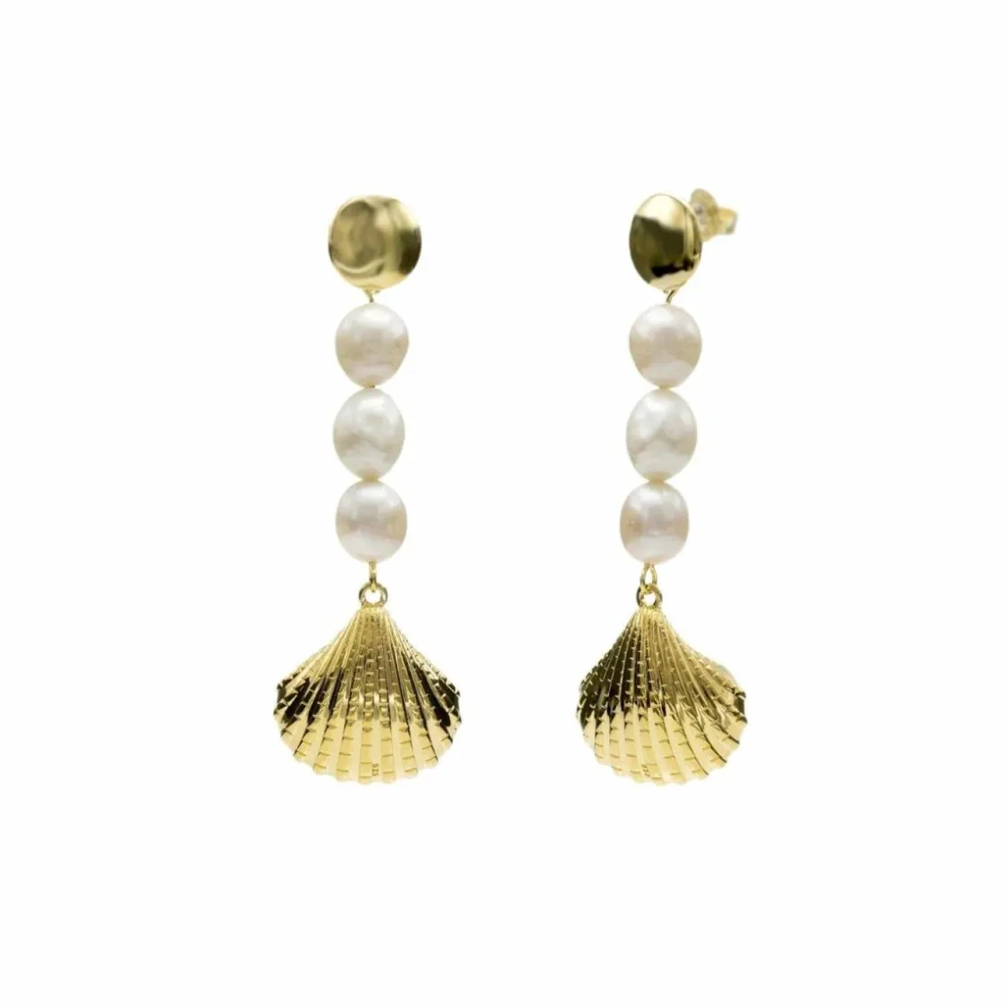 Pendientes Largos | LINEARGENT Pendientes largos plata de perlas y diseño concha baño en oro