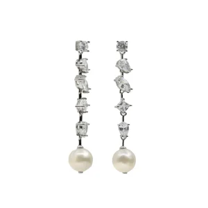 Pendientes Largos | Pendientes Perlas | LINEARGENT Pendientes novia largos con circonitas irregulares y perla