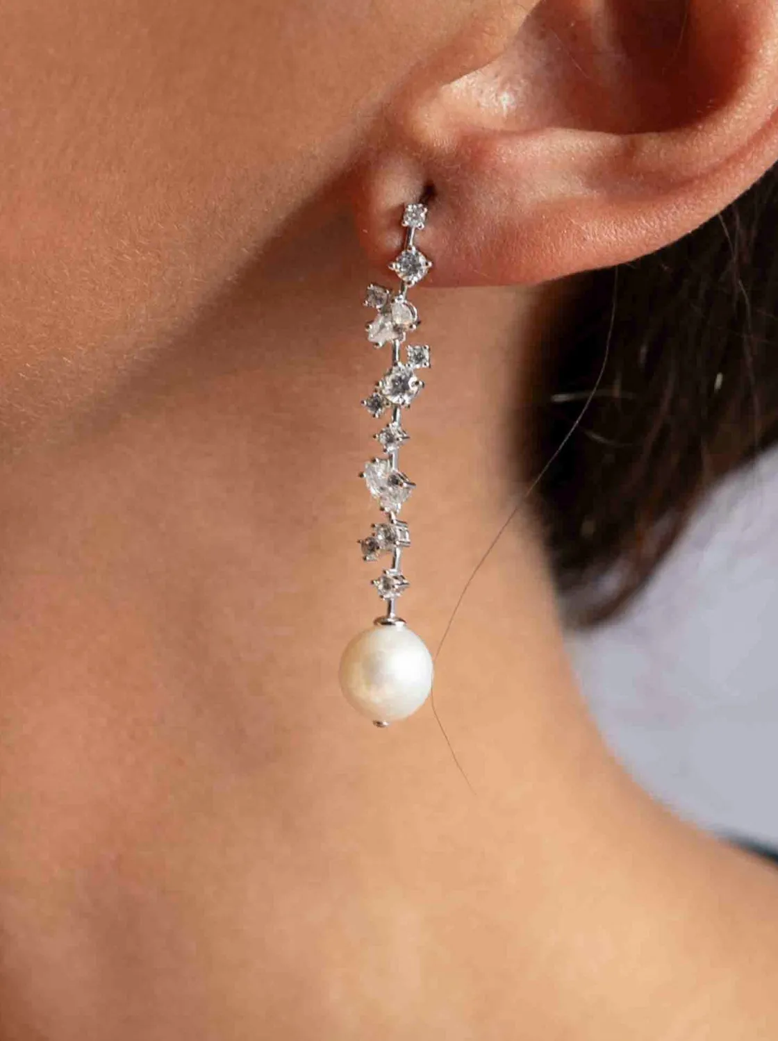 Pendientes Largos | LINEARGENT Pendientes novia largos con circonitas y perla
