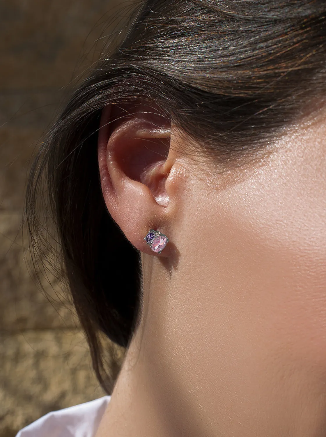 Pendientes De Piedras De Colores | Pendientes Pequeños | LINEARGENT Pendientes pequeños con gemas tono rosa y amatista