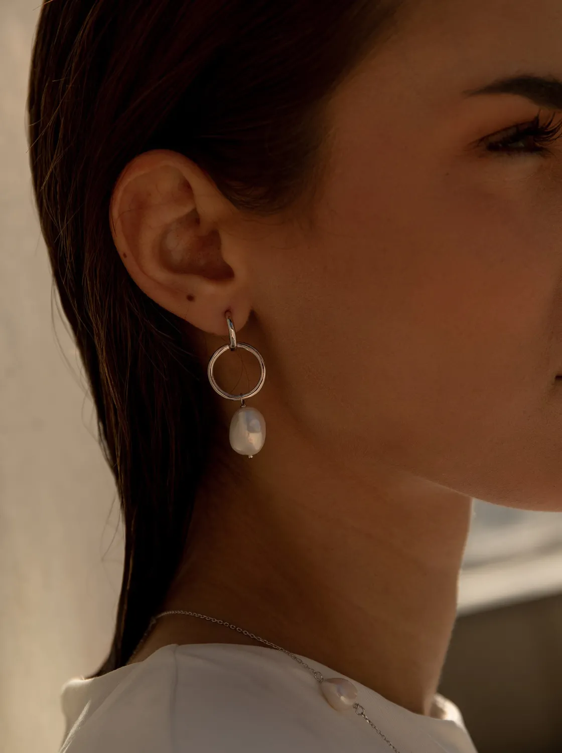 Pendientes Largos | Pendientes Perlas | LINEARGENT Pendientes perla colgante diseño de doble aro