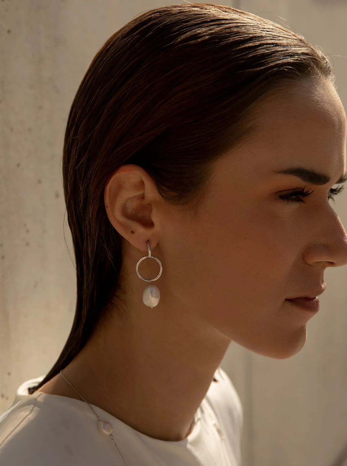 Pendientes Largos | Pendientes Perlas | LINEARGENT Pendientes perla colgante diseño de doble aro