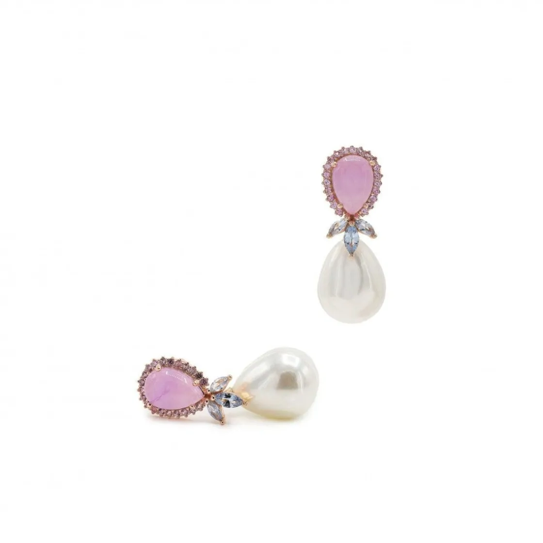 Pendientes Perlas | LINEARGENT Pendientes perla colgante diseño gota rosa y pétalos lila