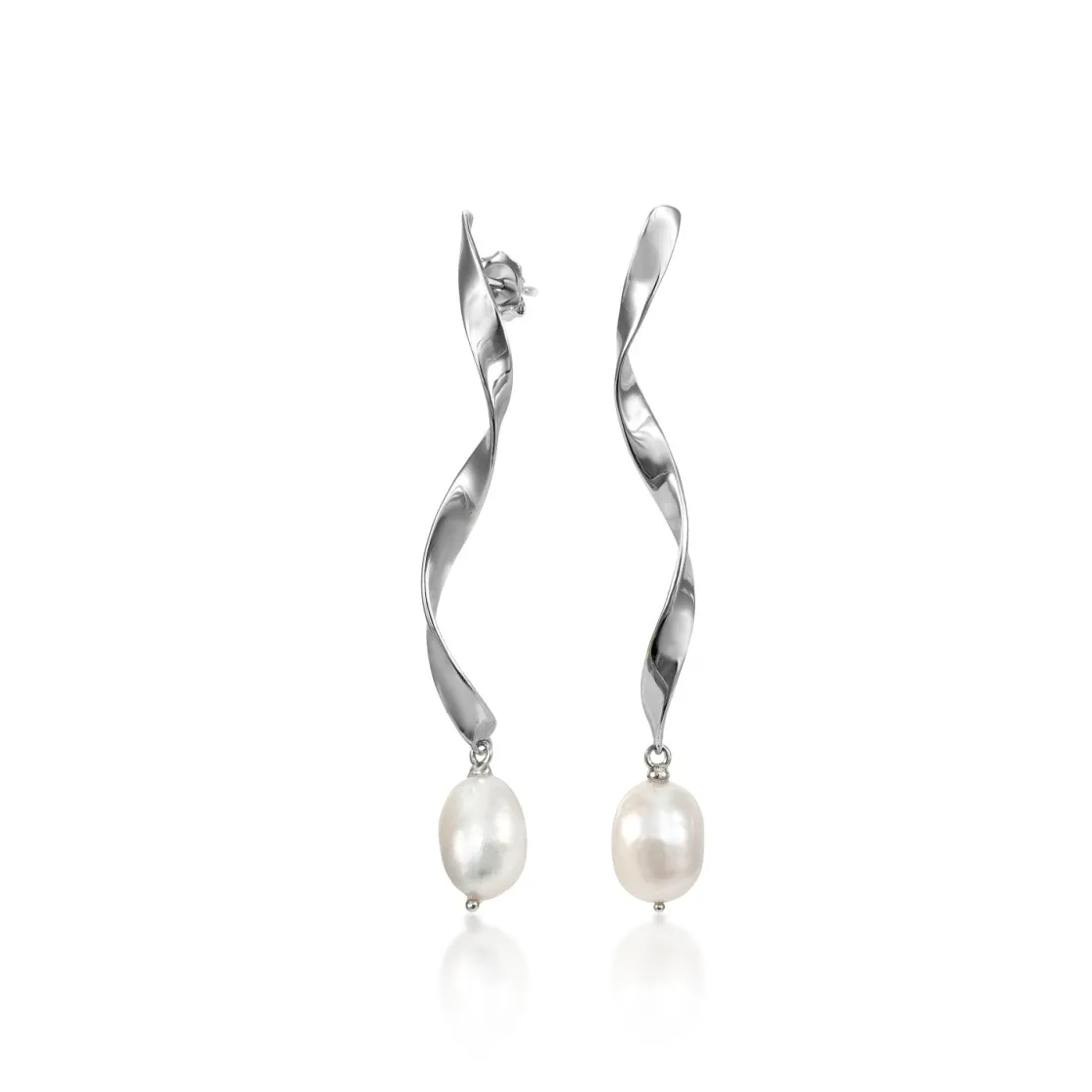 Pendientes Largos | Pendientes Perlas | LINEARGENT Pendientes perla de plata diseño curvilíneo