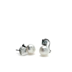 Pendientes Perlas | Pendientes Pequeños | LINEARGENT Pendientes perlas de plata estilo tu y yo con detalle cuadrado de circonita