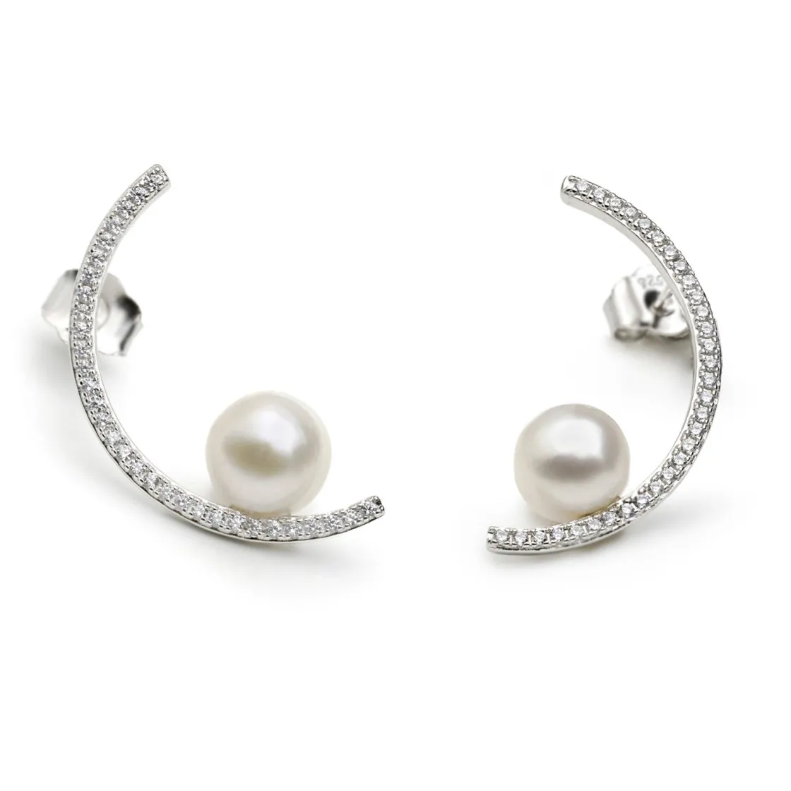 Pendientes Perlas | LINEARGENT Pendientes perlas diseño semicircular con circonitas
