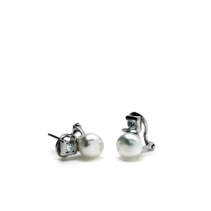 Pendientes Perlas | Pendientes Pequeños | LINEARGENT Pendientes tu y yo con perla y cuarzo adamantino talla redonda