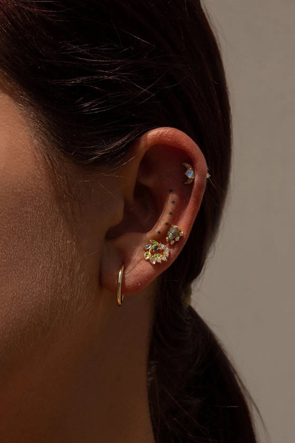 Segundo Pendiente | LINEARGENT Piercing de piedra natural con labradorita y circonita