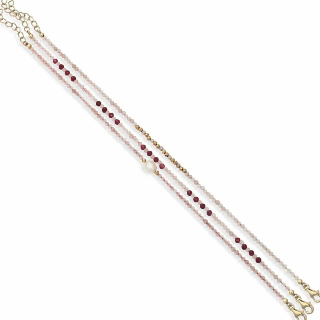 Pulsera De Bolas | Pulseras Con Piedras | LINEARGENT Pulsera de bolas diseño de tres brazaletes con cuarzo rosa