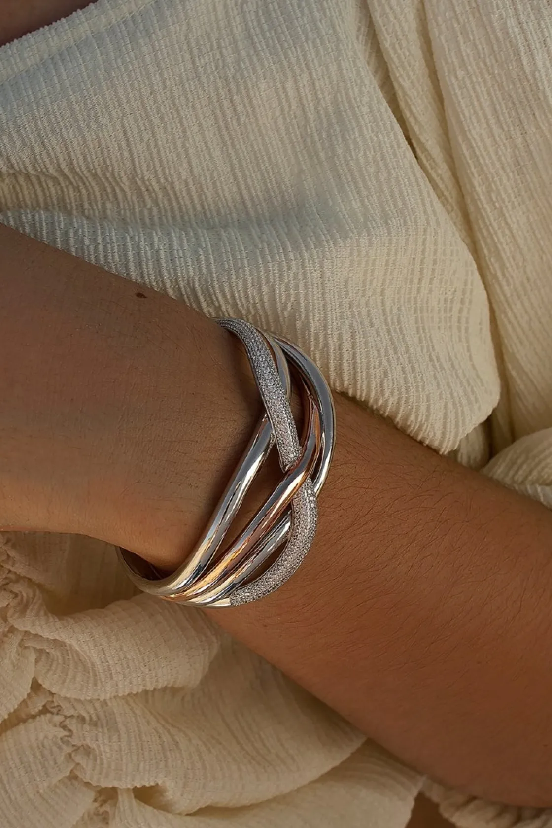 Pulseras Esclavas | LINEARGENT Pulsera esclava de plata raíles bicolor con circonitas