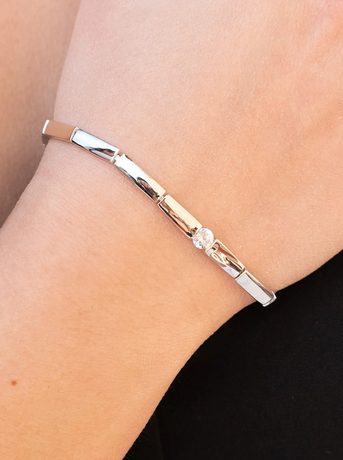 Pulseras Brillantes | LINEARGENT Pulsera eslabones de diseño rígido con circonita
