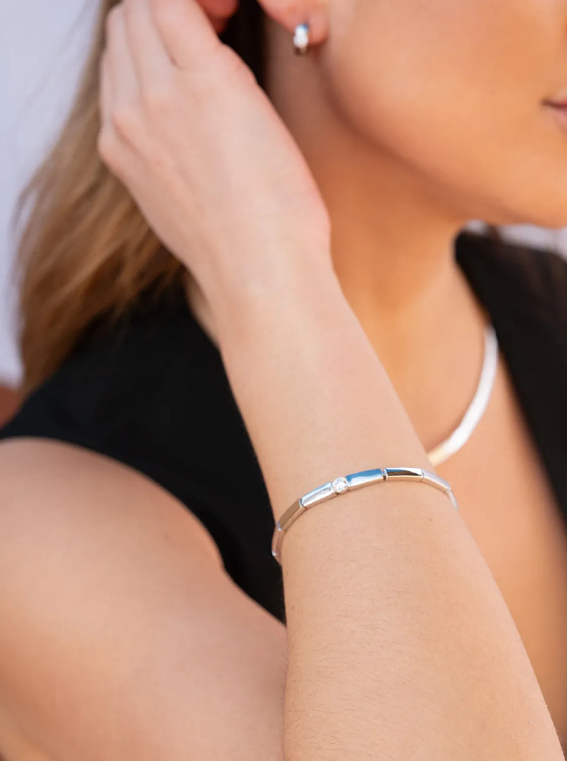 Pulseras Brillantes | LINEARGENT Pulsera eslabones de diseño rígido con circonita