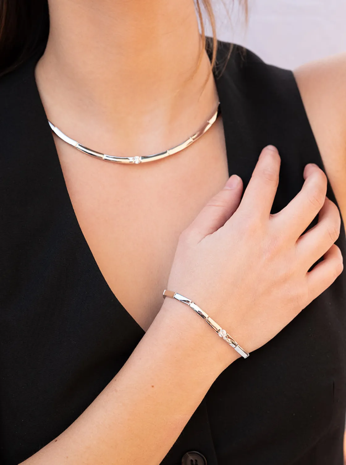 Pulseras Brillantes | LINEARGENT Pulsera eslabones de diseño rígido con circonita