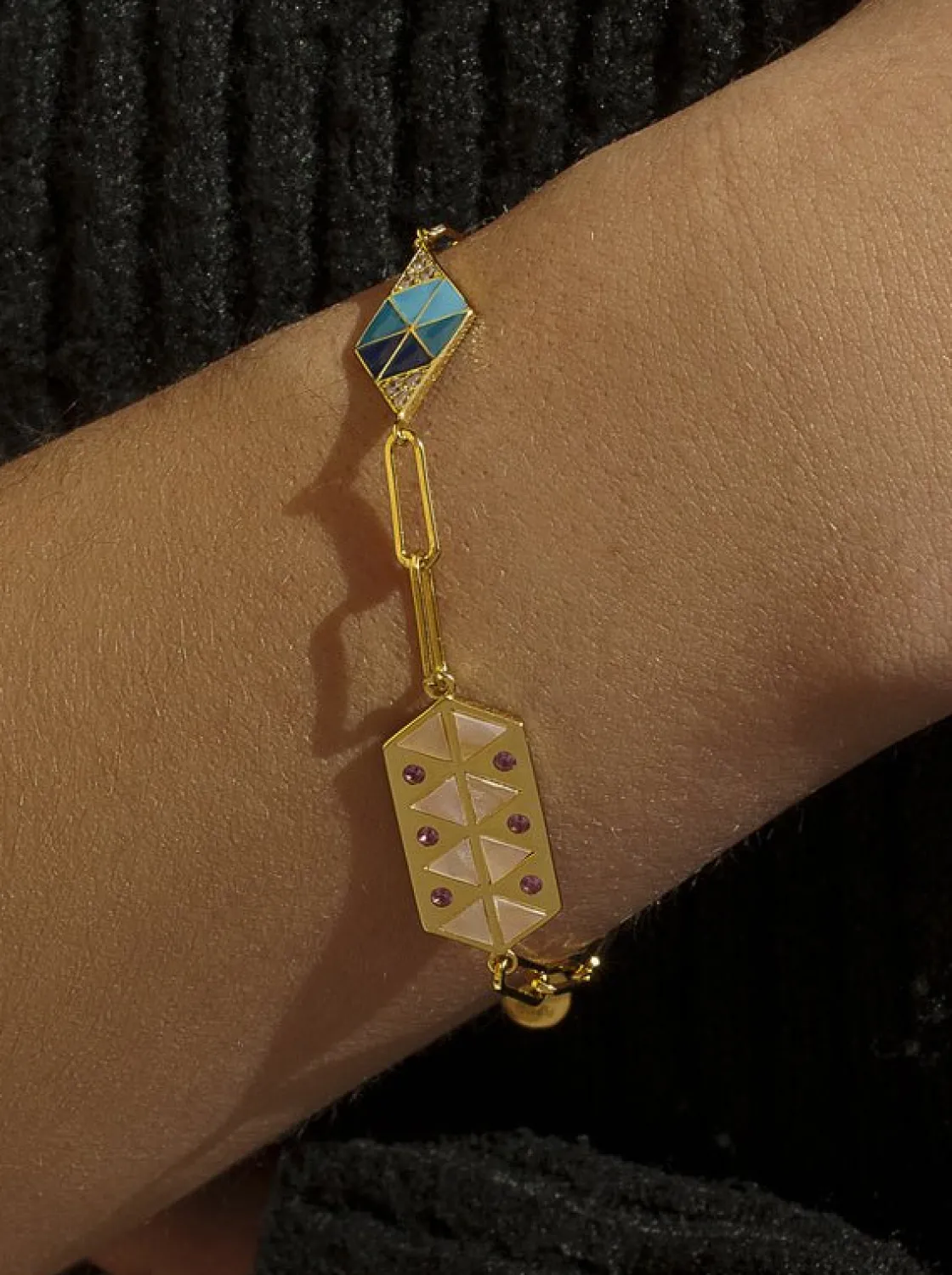 Pulseras Finas | LINEARGENT Pulsera eslabones plata bañada en oro diseño esmalte y circonitas