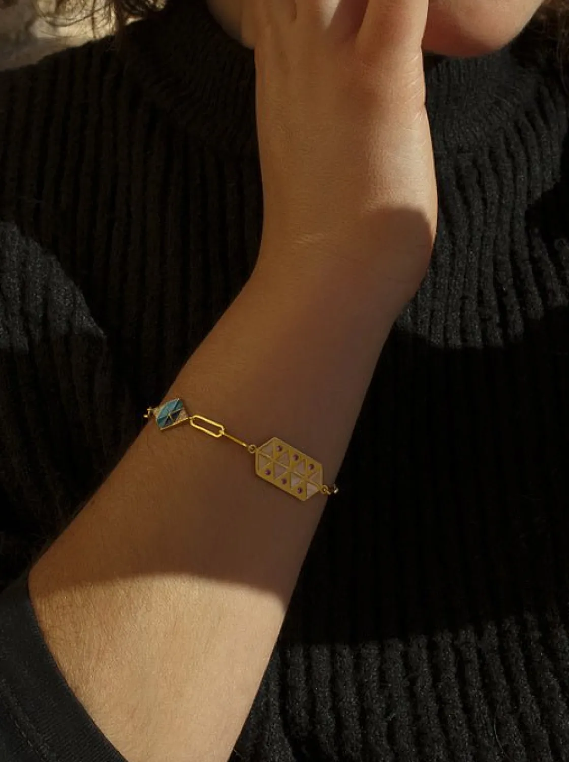 Pulseras Finas | LINEARGENT Pulsera eslabones plata bañada en oro diseño esmalte y circonitas