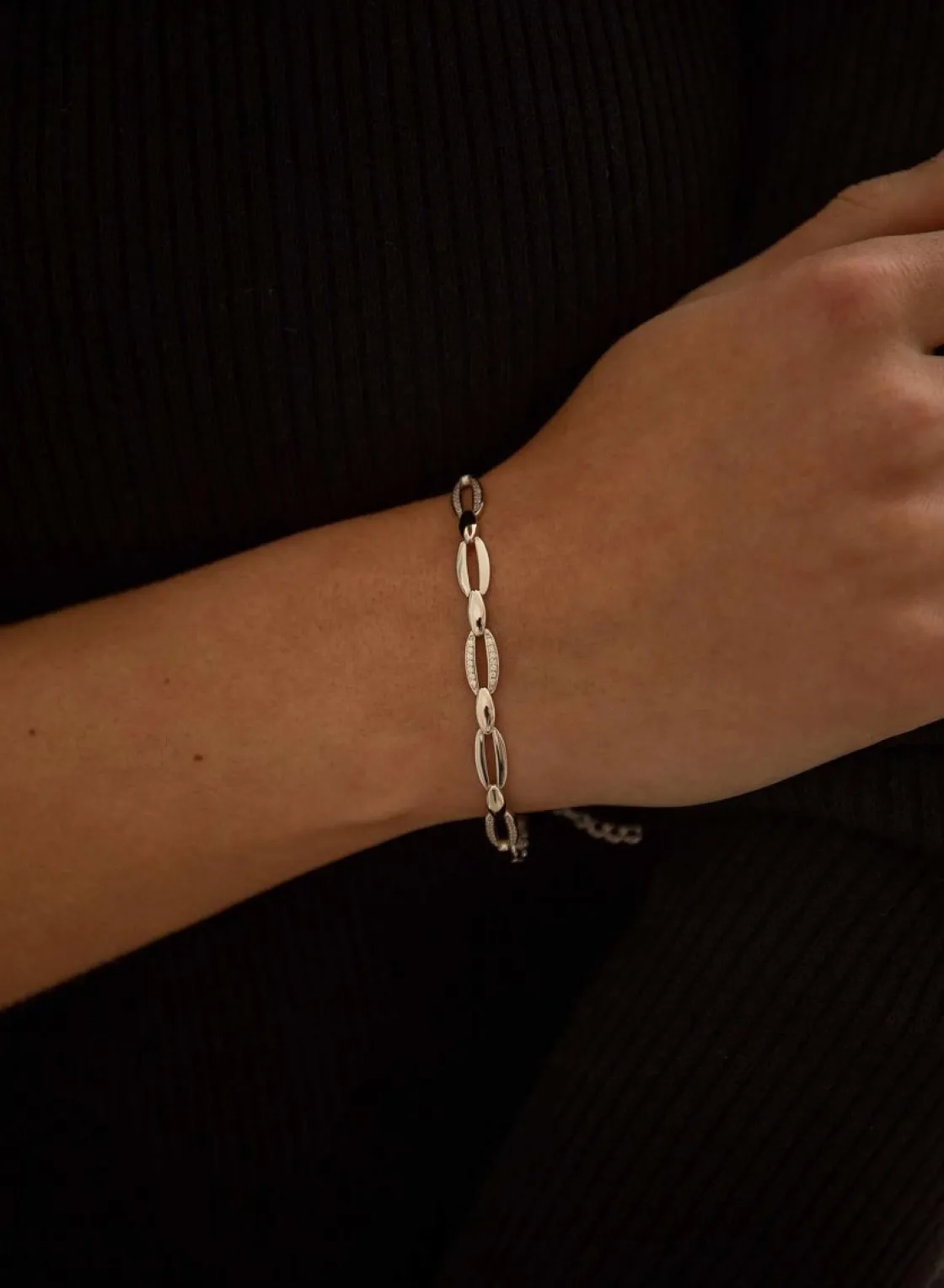 Pulseras Brillantes | LINEARGENT Pulsera eslabones plata diseño ovalado con circonitas