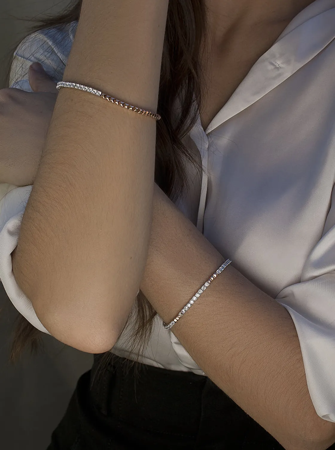 Pulseras Brillantes | Pulsera Riviere | LINEARGENT Pulsera riviere bicolor en rosa y circonita talla princesa