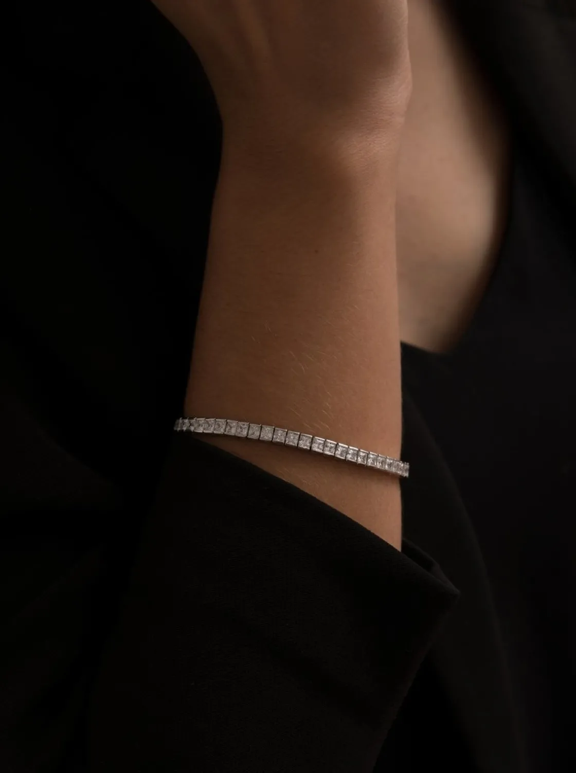 Pulseras Brillantes | Pulsera Riviere | LINEARGENT Pulsera riviere de plata con circonitas talla princesa