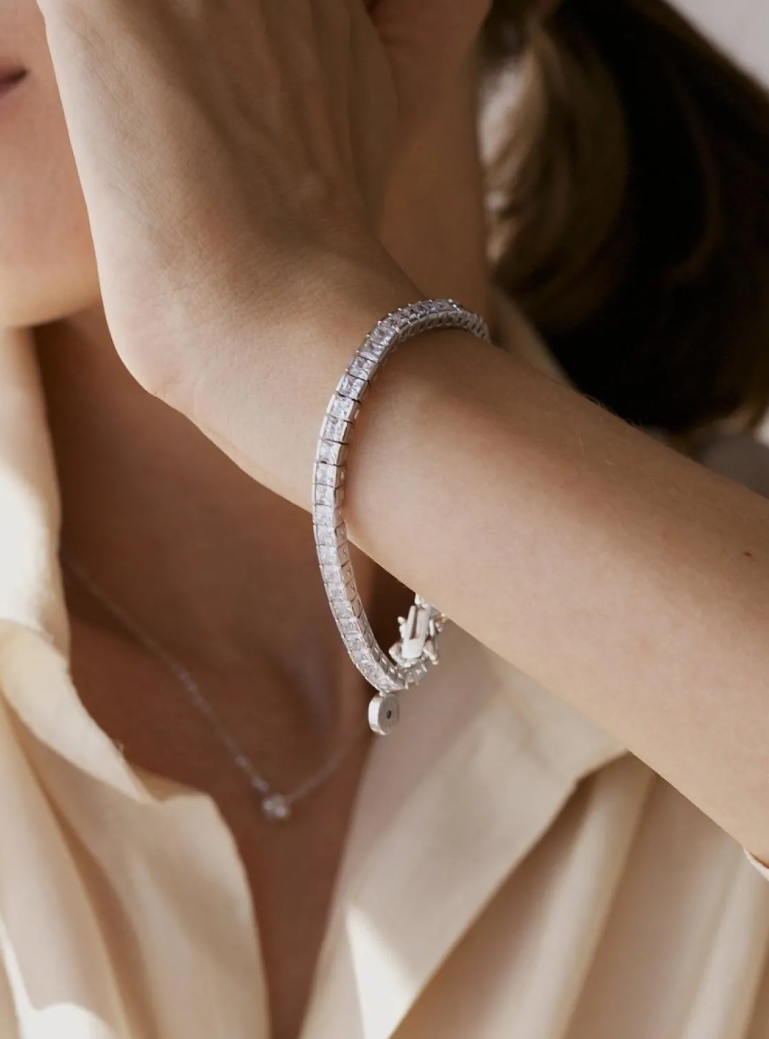 Pulseras Brillantes | Pulsera Riviere | LINEARGENT Pulsera riviere de plata con circonitas talla princesa