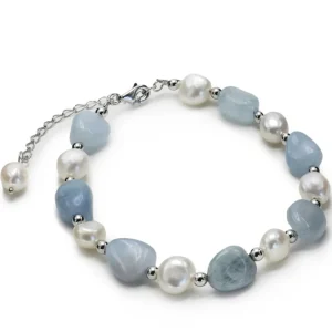 Pulsera De Bolas | Pulseras Perlas | LINEARGENT Pulseras con piedras de plata aguamarina y perlas de agua dulce