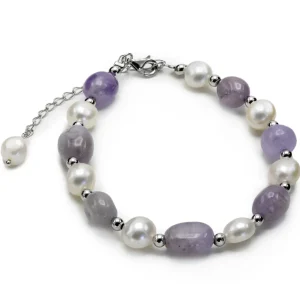 Pulsera De Bolas | Pulseras Perlas | LINEARGENT Pulseras con piedras de plata amatista y perlas de agua dulce
