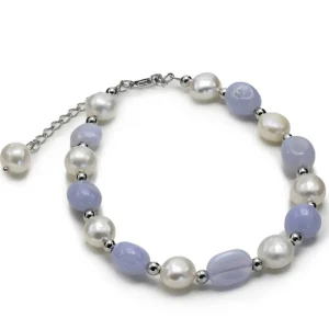 Pulsera De Bolas | Pulseras Perlas | LINEARGENT Pulseras con piedras de plata calcedonia azul y perlas de agua dulce