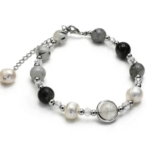 Pulsera De Bolas | Pulseras Perlas | LINEARGENT Pulseras con piedras de plata cuarzo ahumado y perlas de agua dulce