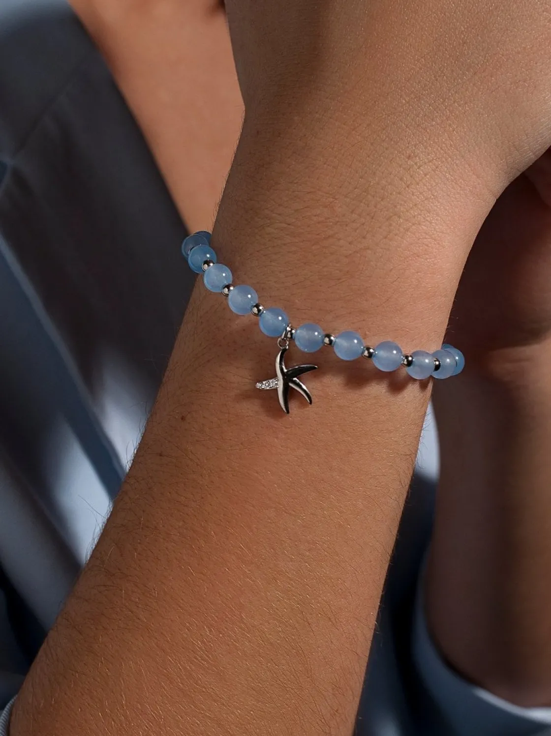 Pulsera De Bolas | Pulseras Con Colgantes | LINEARGENT Pulseras de bolas de plata charm de estrella de mar y calcedonias