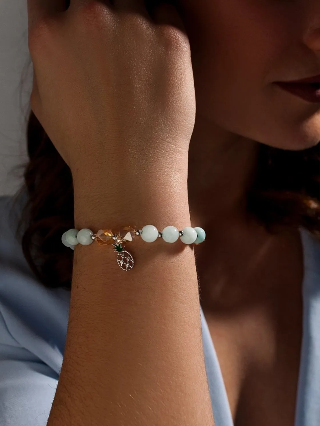 Pulsera De Bolas | Pulseras Con Colgantes | LINEARGENT Pulseras de bolas de plata charm de piña y piedras semipresciosas
