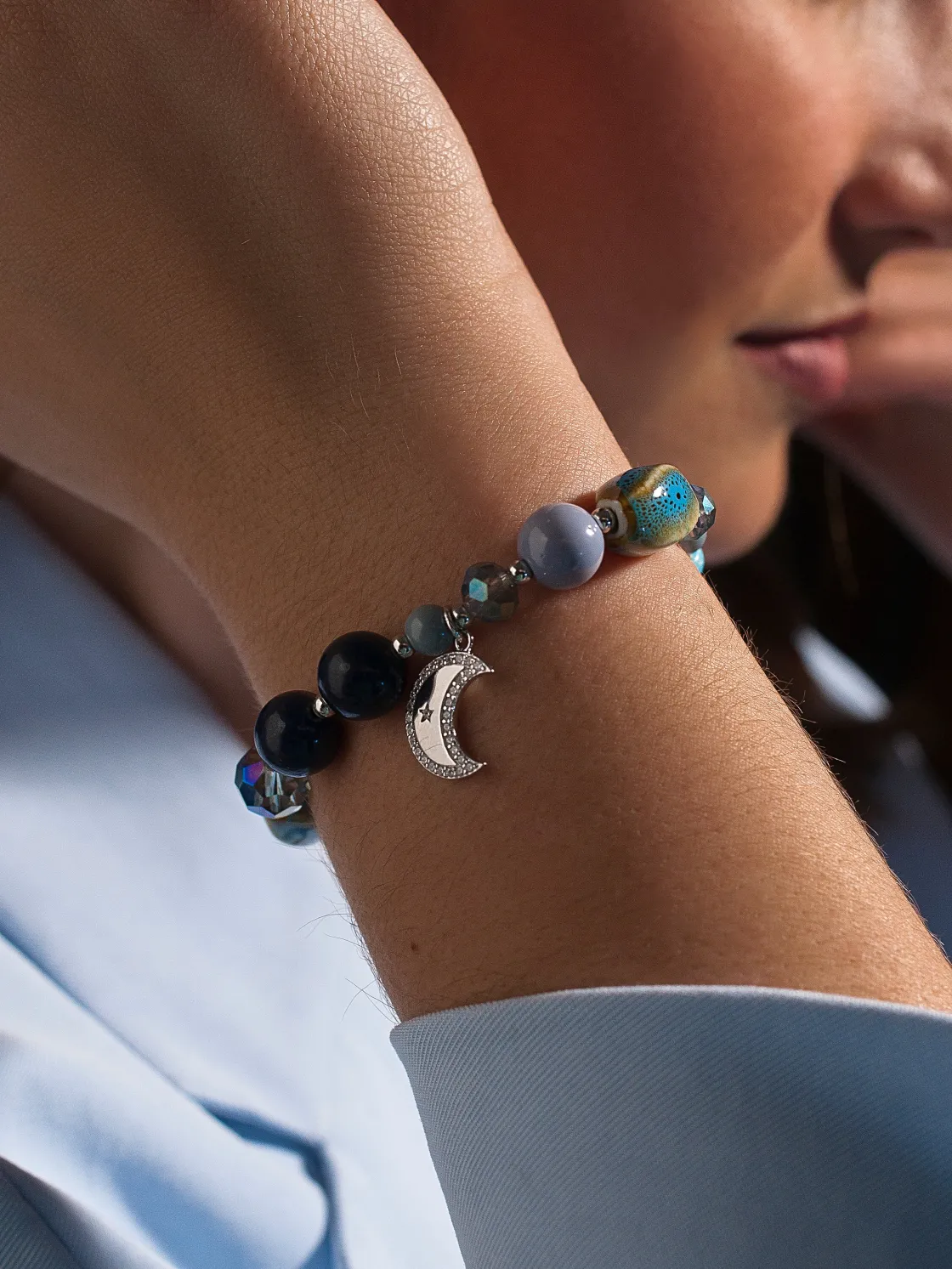 Pulsera De Bolas | Pulseras Con Colgantes | LINEARGENT Pulseras de bolas de plata piedras semipresciosas variadas y charm de luna