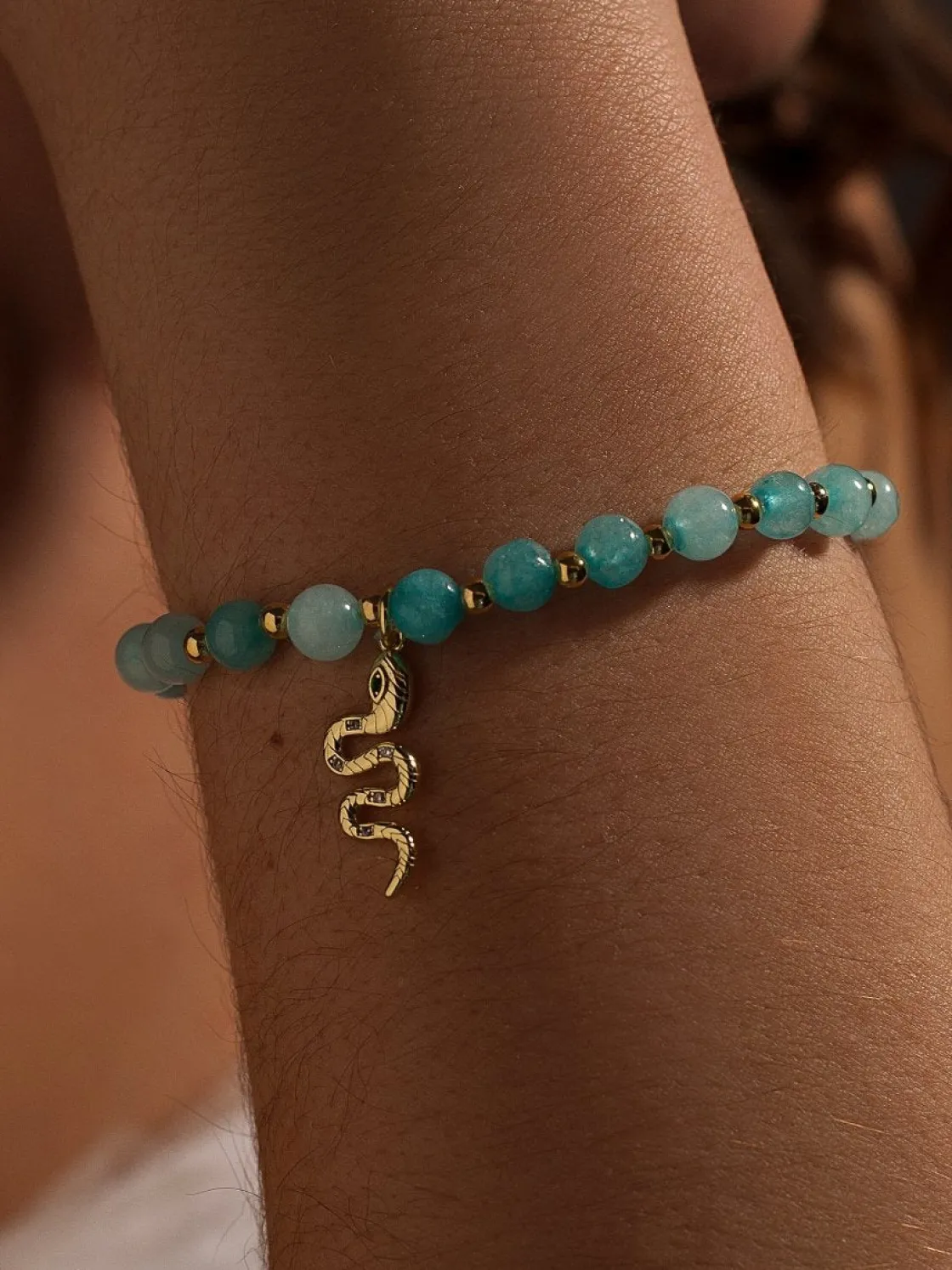 Pulsera De Bolas | Pulseras Con Colgantes | LINEARGENT Pulseras de bolas de plata turquesa y charm de serpiente