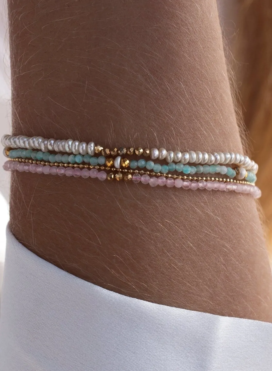 Pulsera De Bolas | Pulseras Con Piedras | LINEARGENT Pulseras de bolas diseño de tres brazaletes con gemas