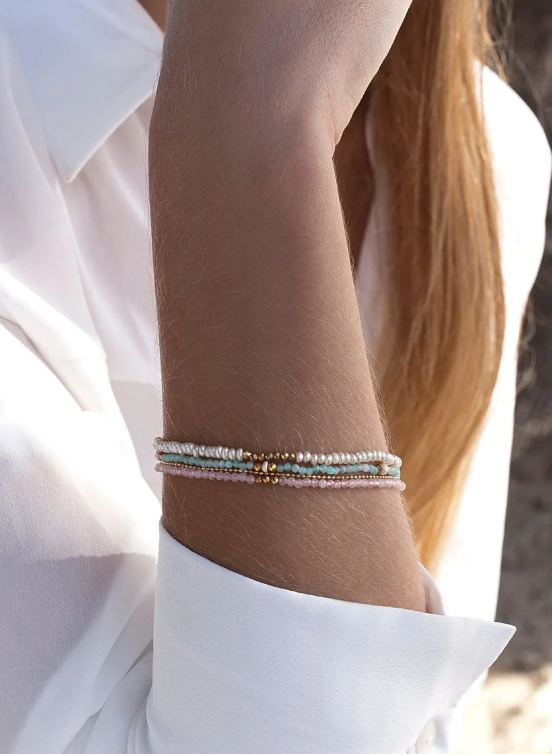 Pulsera De Bolas | Pulseras Con Piedras | LINEARGENT Pulseras de bolas diseño de tres brazaletes con gemas