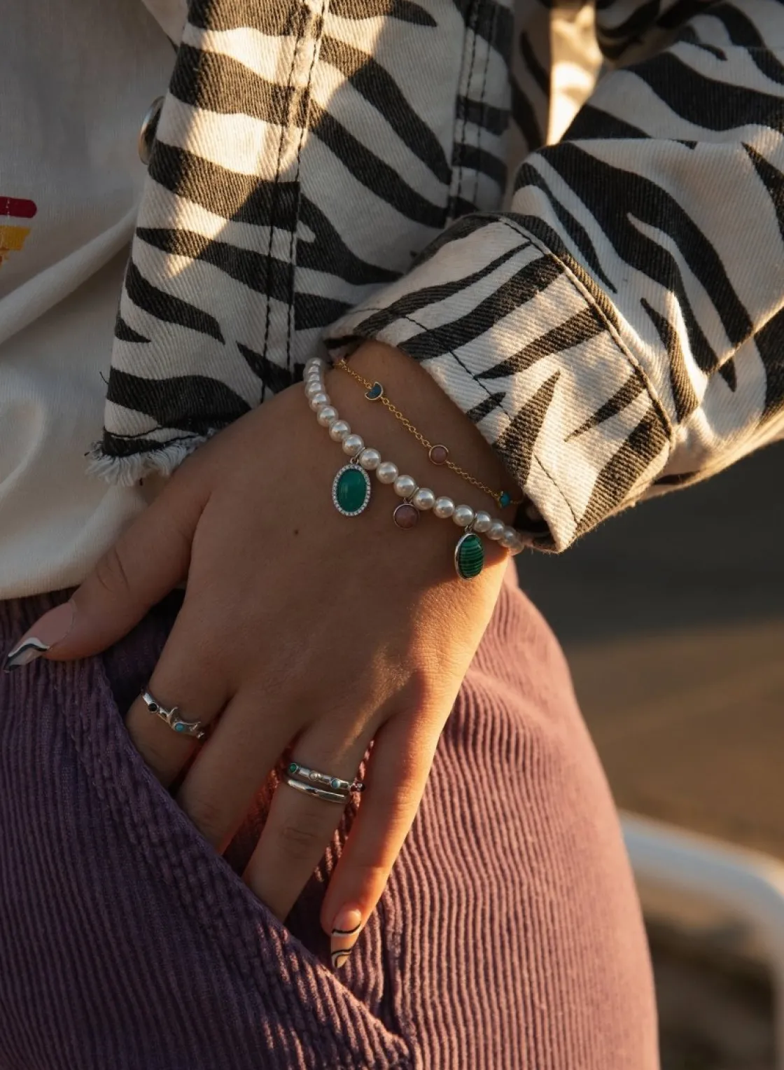 Pulsera De Bolas | Pulseras Perlas | LINEARGENT Pulseras de perlas diseño triple motivo de piedras naturales