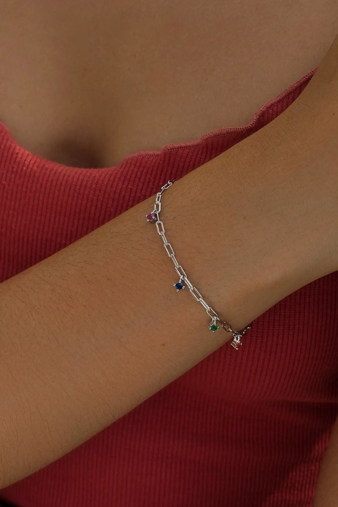 Pulseras Con Colgantes | Pulseras Finas | LINEARGENT Pulseras finas de plata con circonitas colgantes multicolor estilo cadena