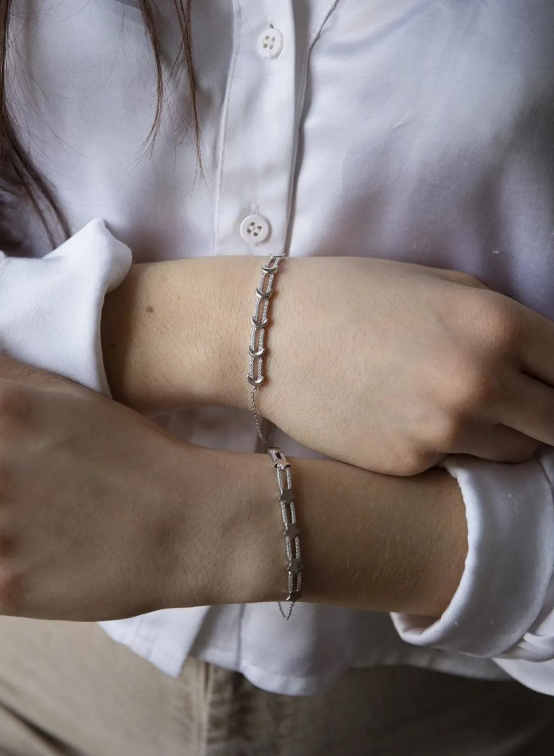 Pulseras Finas | LINEARGENT Pulseras finas de plata diseño dos raíles con estrella